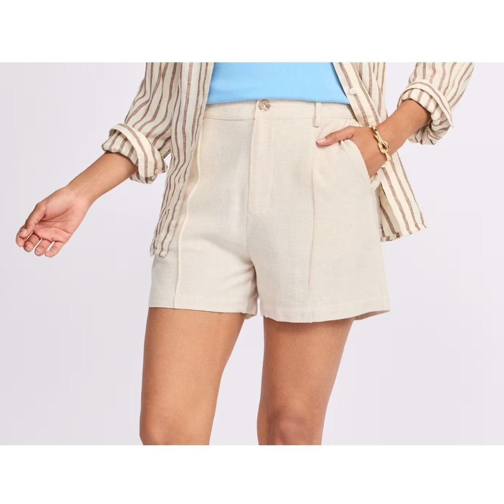 Flag & Anthem June Pleated Linen Blend Shorts Beige High Rise Small SM26SH0403W